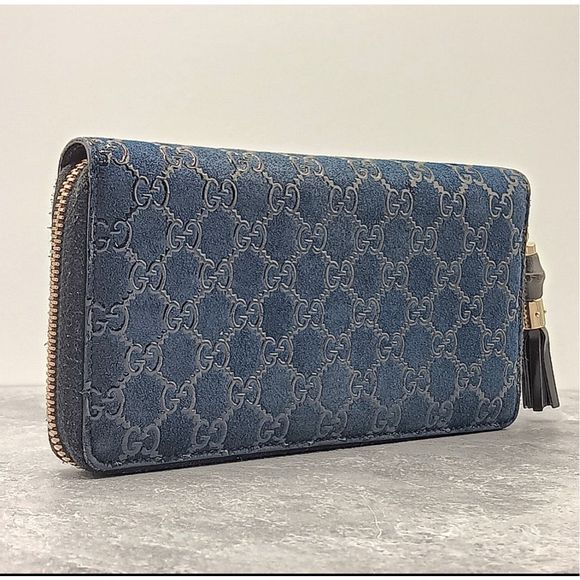 Gucci Vintage Rare Limited Edition Bamboo Blue Suede Leather Continental Large Z - Picture 3 of 13